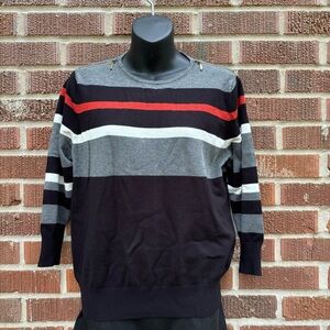 Joseph A Grey Black Red Stripe 3/4 sleeve shoulder zip Sweater Petite Large